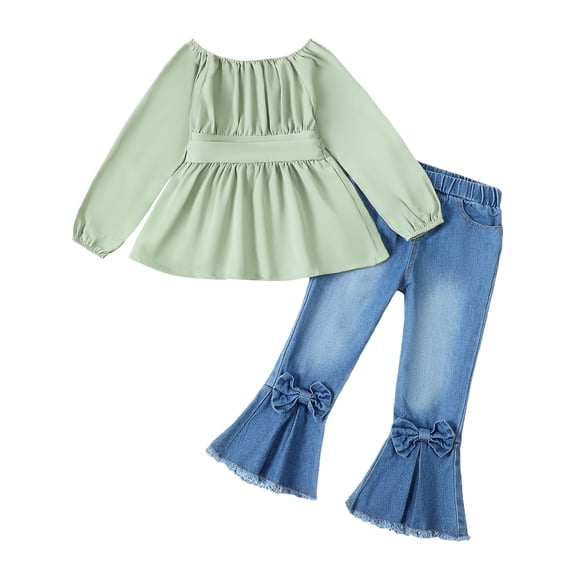 6T Kids Girls Outfits Little Girls Fall Winter Clothes 6-7 Years Girls Long Sleeve Solid Color Top Jeans Bell-bottomed Pants 2PCS Set Green