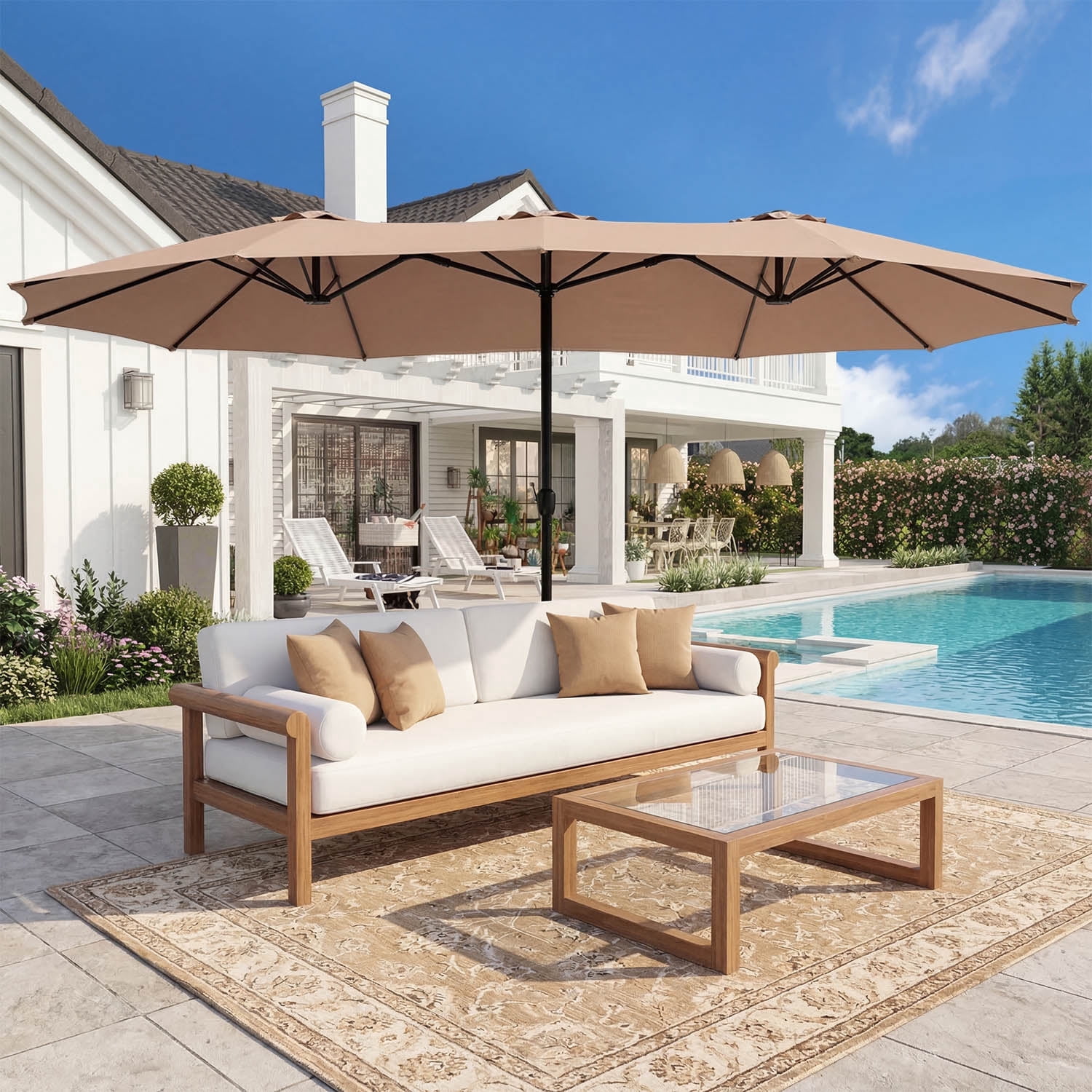 15ft Outdoor Patio Umbrella Extra-Large Double-Sided Garden Umbrella with Crank Handle - Beige
