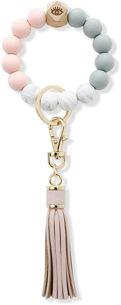 Silicone Bracelet Keychain Wristlet Elastic Bead Keyring Bangle for Women Girl with PU Tassel House Car Keys Chain Holder 