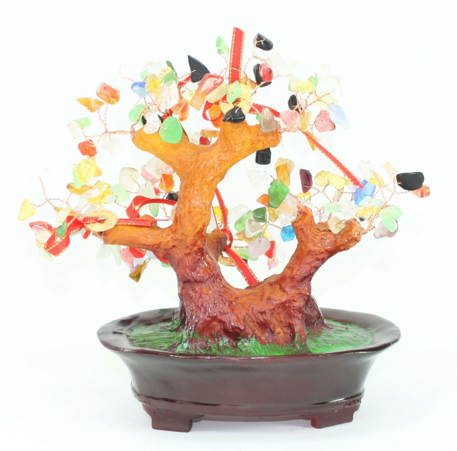 TRE003 8.5" Feng Shui Decor Colorful Gem Stone Money Tree Lucky Coins to Attract Wealth