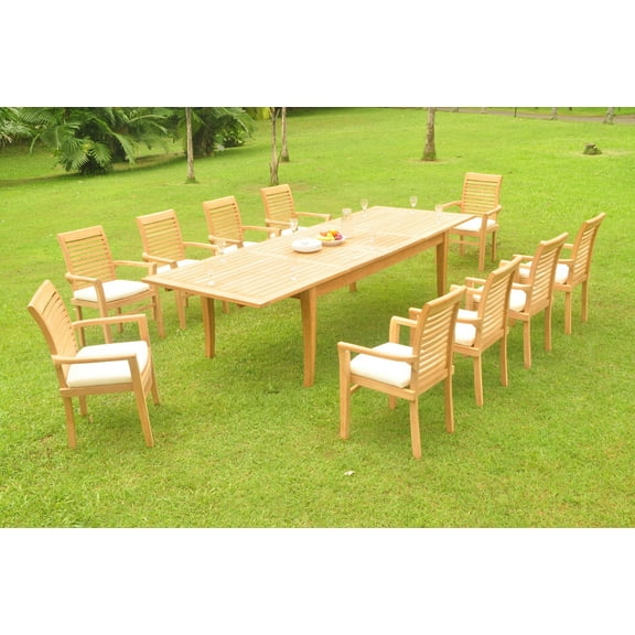 Grade-A Teak Dining Set: 10 Seater 11 Pc: 122" Atnas Double Extension Rectangle Table And 10 Mas Stacking Arm Chairs Outdoor WholesaleTeak #WMDSMS38