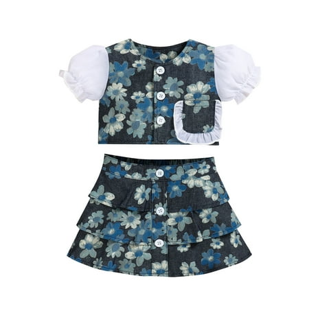 

Toddler Outfits Sets Summer Baby Girls Bubble Short Sleeve Tops Floral Skirt Kids Clothes Suit