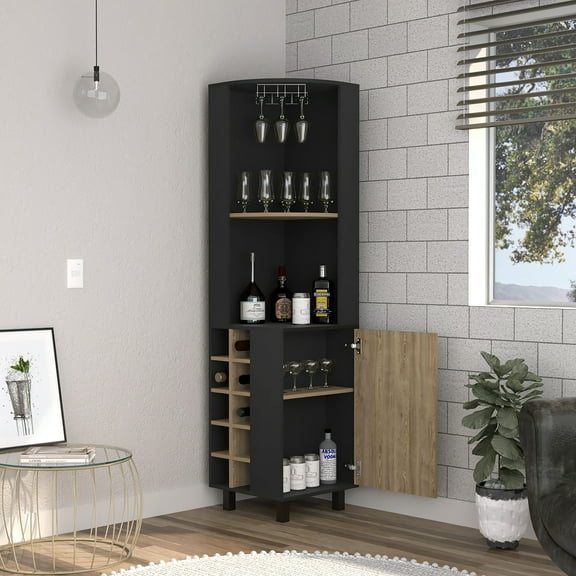 YIYADO Corner Bar Cabinet with Single Door, 10 Built-in Wine Rack & Dual Shelves, Black/Pine