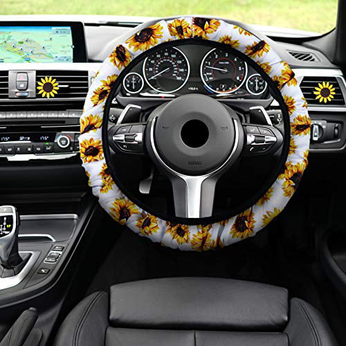 Hedume Set of 10 Sunflower Car Accessories Include 1 Pack Sunflower Steering Wheel Cover 2 Pack Seat Belt Shoulder Pads 3 Pack Different Cute Sunflowers Keyring & 4 Pack Car Vent Decorations 