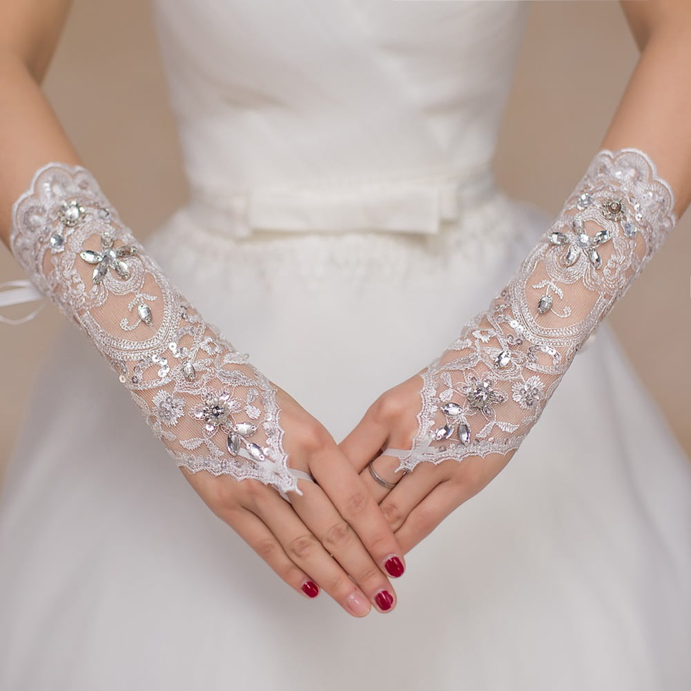 White Mesh Crystal Bow Sheer Gloves Wrist Bridal Prom Opera Wedding Formal Party 