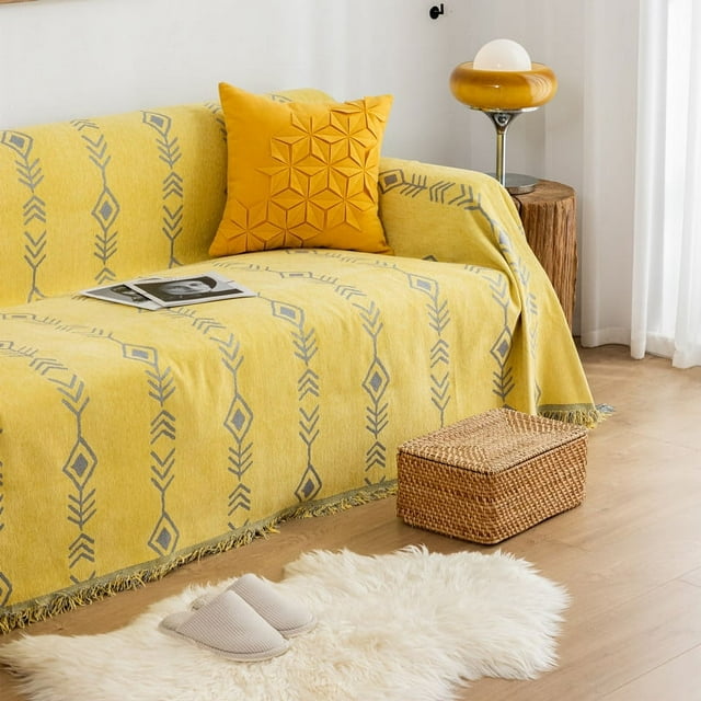 Nvzi Couch Cover Chenille Sofa Covers Jacquard Weave Sofa Towel Cover for Living Room Sofa Easy Fit Washable Furniture Sofa Protector 70.87*133.86inch (Yellow Grey)