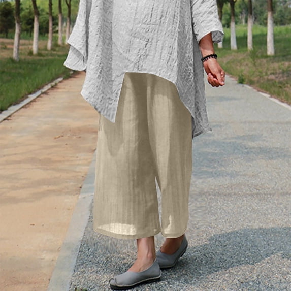 CHGBMOK Capri Pants for Women Elastic Waist Linen Crop Pants Wide Leg Summer Plus Size Capris With Pockets