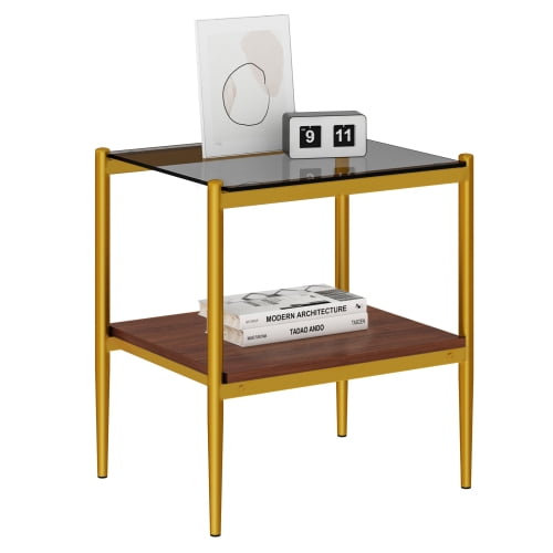 MOONMISS 2 Pack Rectangle End Table, Tempered Glass Top Side Table with MDF Frame, Modern Transparent Glass Accent Table for Living Room, Bedroom, Home Decor, Brown/Gold