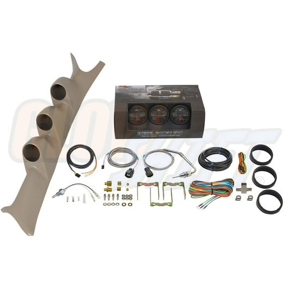 GlowShift | 1999-2007 Ford Super Duty 6.0 Powerstroke & 7.3 Powerstroke Tan Triple Pillar Pod with Black 7 Color Series 60 PSI Boost Gauge, 2400 Pyrometer EGT Gauge & Trans Temp Gauge