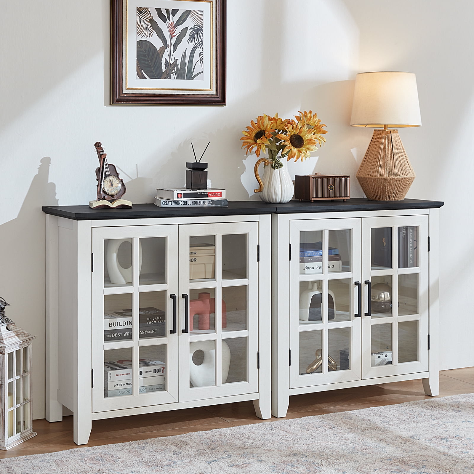 Joaxswe Sideboard Buffet Bar Cabinet Farmhouse 2 Glass Doors Coffee Wine White 32 Inch