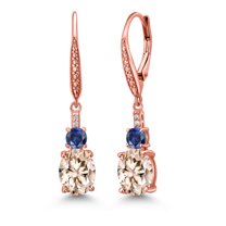 Gem Stone King 18K Rose Gold Plated Silver Morganite Peach and Blue Created Sapphire Dangle Earrings for Women with Lab Grown Diamond (3.73 Cttw, Oval 9X7MM)