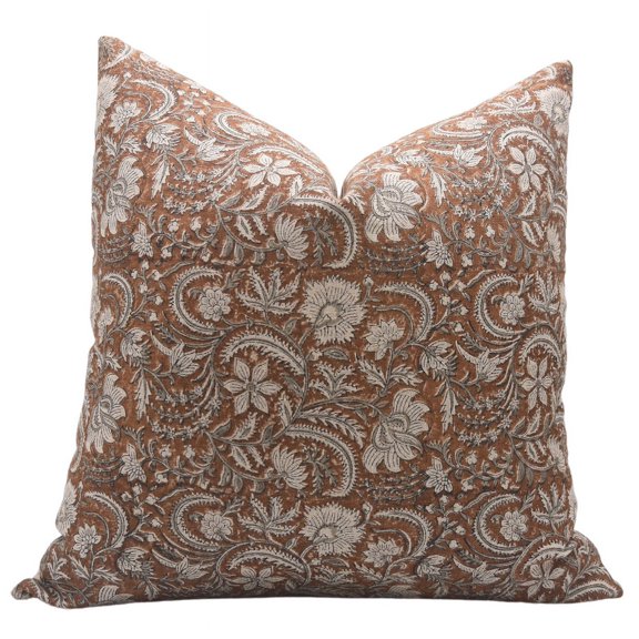 Fabdivine Block Print Throw Pillow Cover, 14x14 Inch Thick Linen Outdoor Cushion Cover, Floral Print Boho Design Brown Pillow Cover for Sofa and Couch