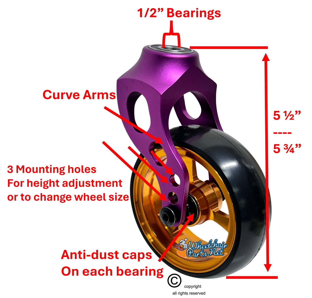 Purple Aluminum Caster Fork Assembly With 4x1.40 Soft Roll Wheels in Gold Color