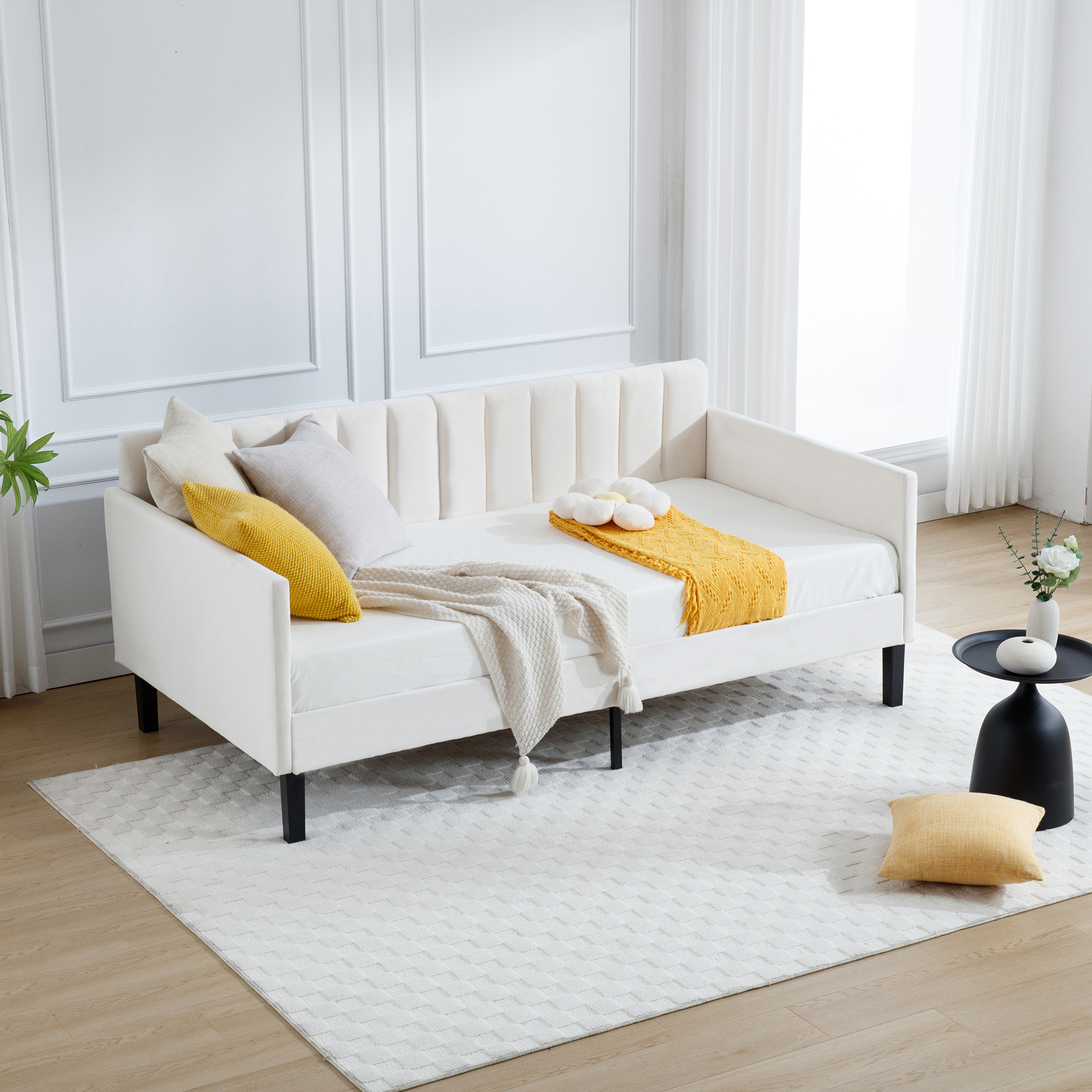 Miniyam Twin Size Beige Upholstered Daybed for Bedroom Living Room,Twin Daybed Frame with Wood Slat Support,No Spring Box Need