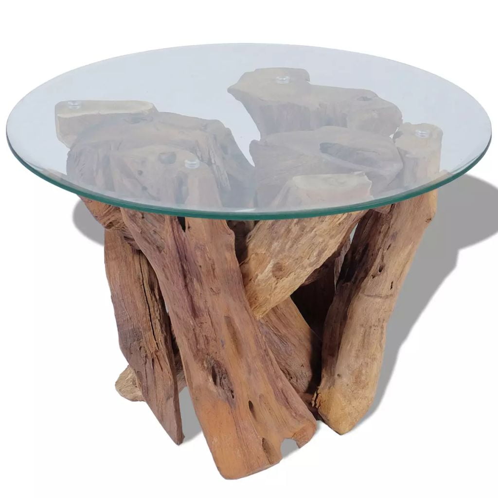 Best 23.6" Coffee Table, Solid Teak Driftwood with Glass Top and Teak Base, A