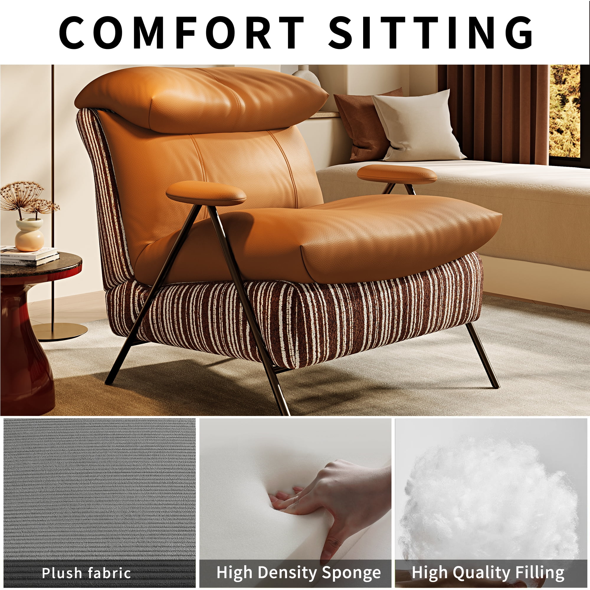 Minimalist Casual Single Chair With Solid Wood Frame, Upholstered In Leather And Chenille Fabric, Fits Balconies, Living Rooms And Bedrooms