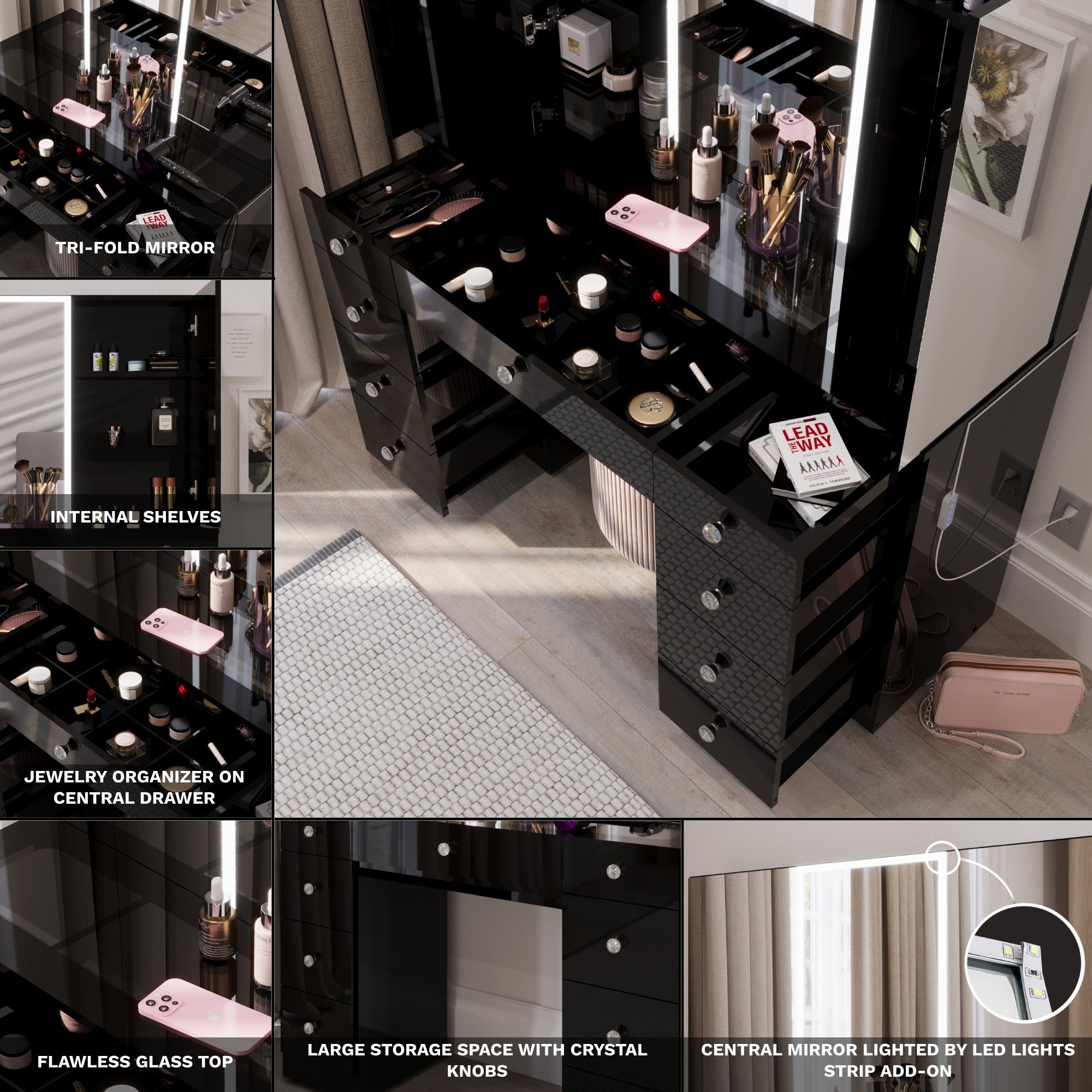 Boahaus Noah Vanity Desk with Tri-Fold Mirror, Glass Top, LED Add-On Lights, and 9 Drawers