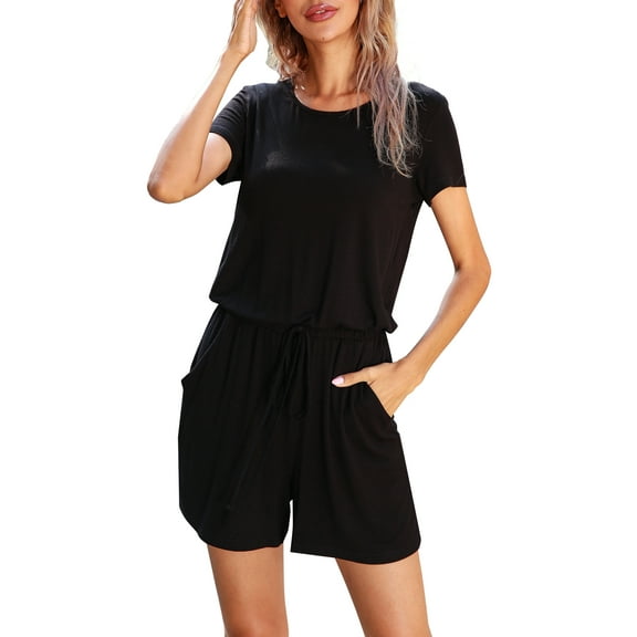 CALIPESSA Womens Summer Black Casual Scoop Neck Short Sleeve Drawstring Waist Romper