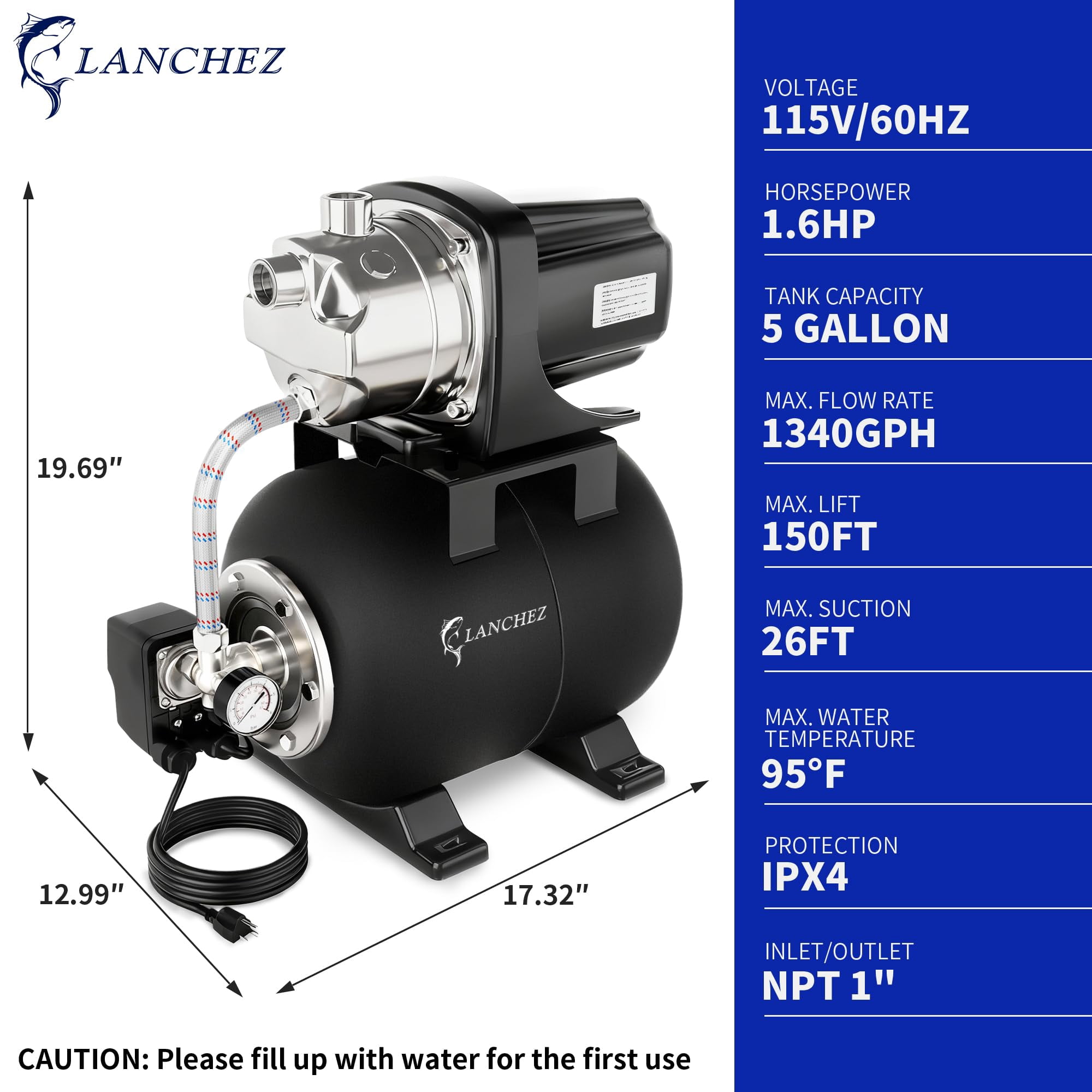 LANCHEZ 1.6 HP Shallow Well Pump with 5 Gallon Tank, 1340 GPH 115V Stainless Steel Water Booster Jet Pump for Garden Irrigation