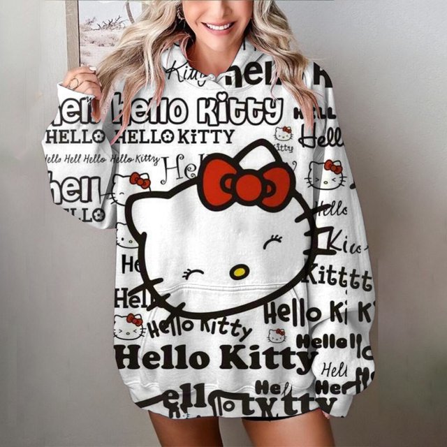 Suéter holgado con capucha y estampado de Hello Kitty para mujer, moda 2024, otoño e invierno, estilo kawaii, sudadera con capucha de anime