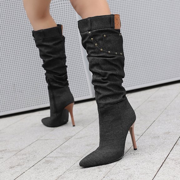 Knee High Boots For Women Stiletto High Heel Pointed Toe Applique Denim Boots Zipper Detachable Off Wide Calf Slouchy Ruched Panel Boots For Women