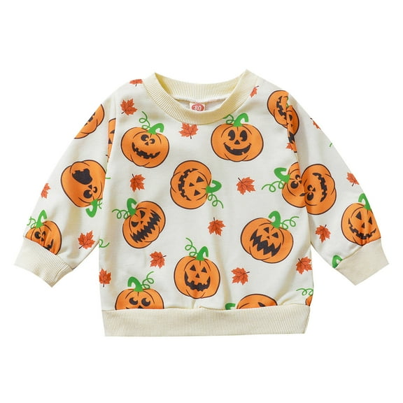 Otqutp Warm Round Neck for Toddler Toddler Boys Girls Halloween Long Sleeve Pumpkin Prints Pullover T Shirt Sweatshirt Tops Fall Winter Clothes (Beige,3-4 Years)