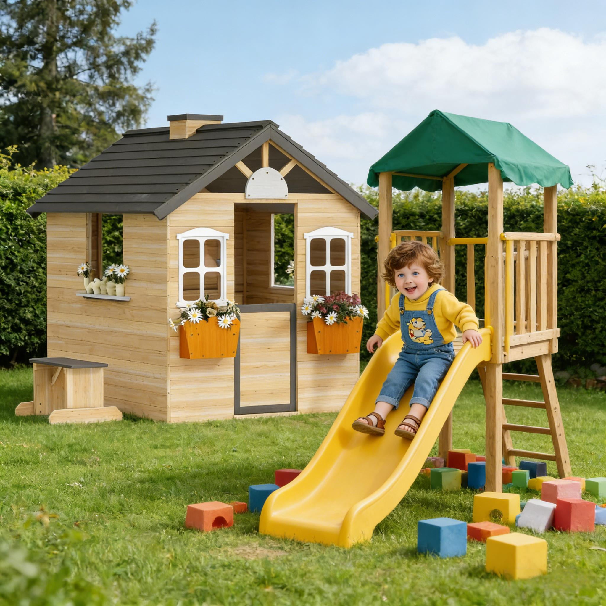 Kids Wooden Outdoor Playhouse with Bench, Service Station & Flowerpot Holders, Fir Wood Play House with Half Door & Windows, Tilted Roof, for Ages 3–7