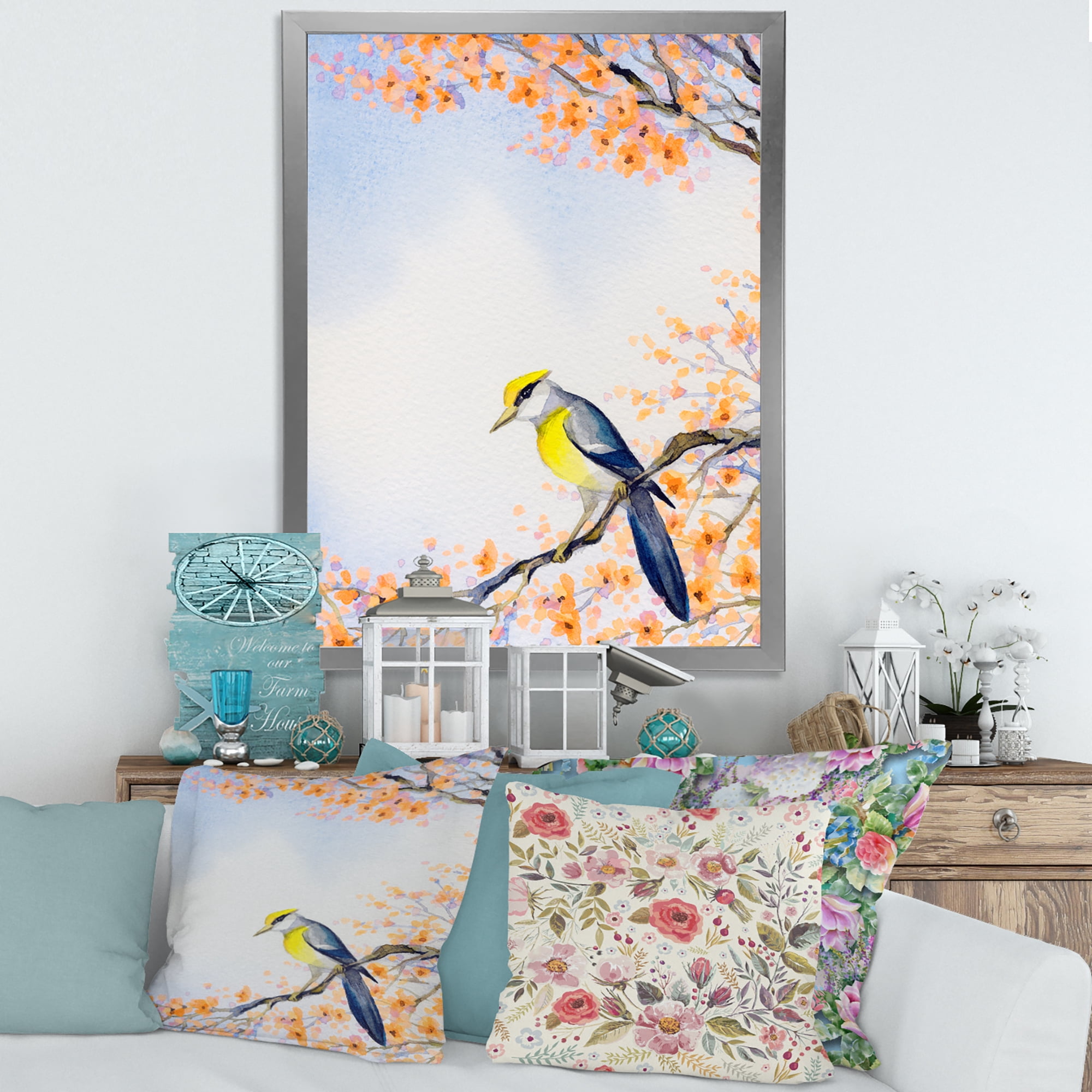 Beautiful Blue Bird Sitting On Flowering Branch II 30 in x 40 in Framed Painting Canvas Art Print, by Designart