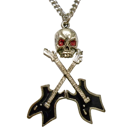 Musician's Skull with Crossed Guitars Black Enamel Pewter Necklace