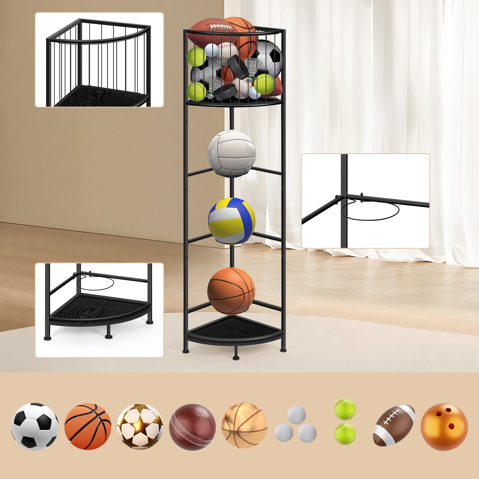 Oumilen 3-Tier Freestanding Basketball Storage Rack, Heavy-Duty Sports Ball Organizer