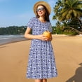 thumbnail image 4 of Picia Blue And White Porcelain Chinaware Pattern Women's Short Sleeve Summer Dress Pleated Loose Swing Knee Length Short Sleeve Swing Dresses, 4 of 6