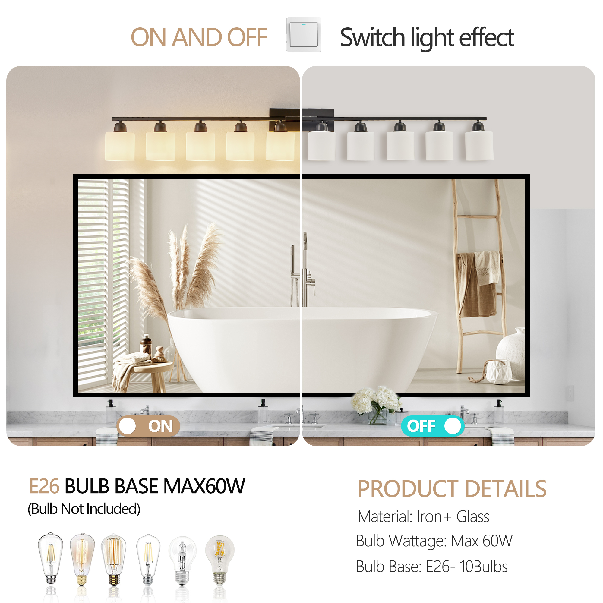 Leumius 10-Light Bathroom Vanity Light Fixture, Modern Vanity Light Over Mirror, Wall Sconces with Milky White Frosted Glass Shades for Mirror, Bathroom, Bedroom and Hallway Black (No Bulbs)
