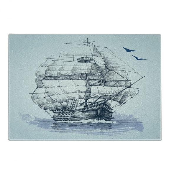 Vintage Boat Cutting Board, Old Sketch Yacht at Sea Adventure in Ocean Marine Aquarelle Art, Decorative Tempered Glass Cutting and Serving Board, Small Size, Pale Blue Dark Blue, by Ambesonne