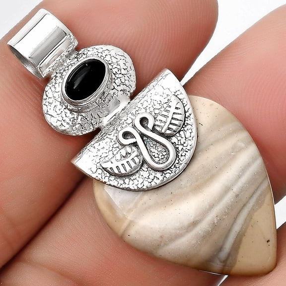 Natural Flint Stone & Black Onyx 925 Sterling Silver Pendant Jewelry P-1545 SDP126057