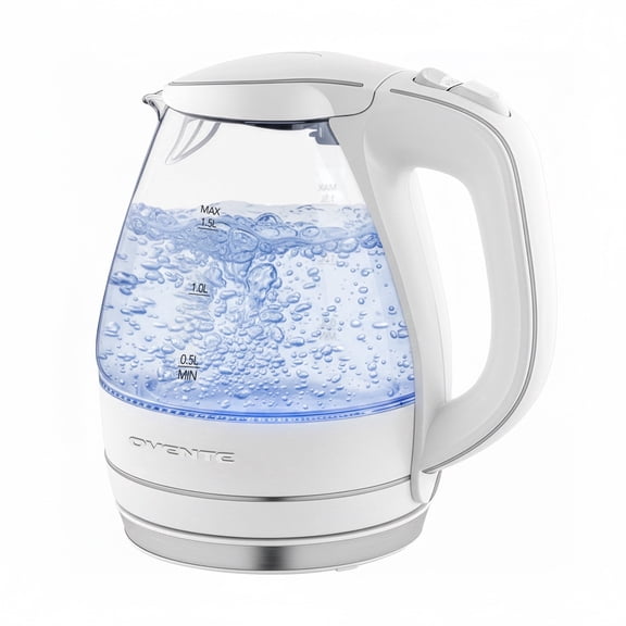 Ovente 1.5L BPA-Free Glass Electric Kettle, Fast Heating with Auto Shut-Off and Boil-Dry Protection, Cordless, LED Light Indicator (KG83)