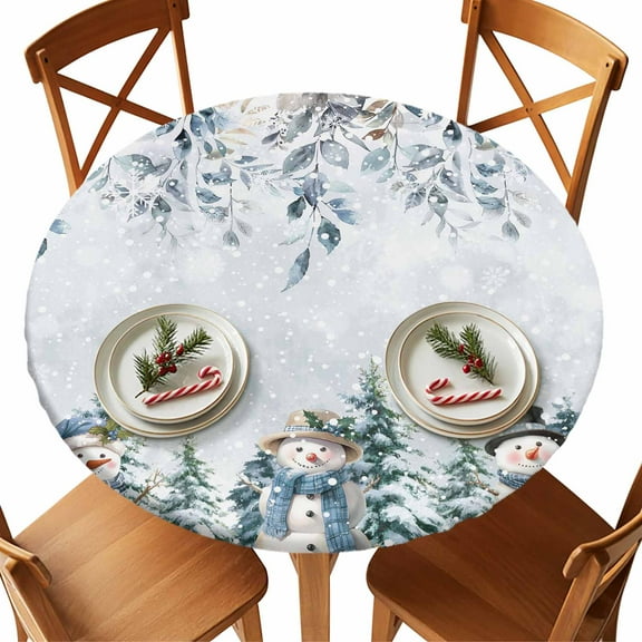 Round Tablecloth Blue Christmas Snowman Elastic Edge Fitted Watercolor Winter Floral Leaves Plastic Table Cover,Waterproof Oil Proof for Dinner,Outdoor, Picnic, 36" - 44"  DIA Tables