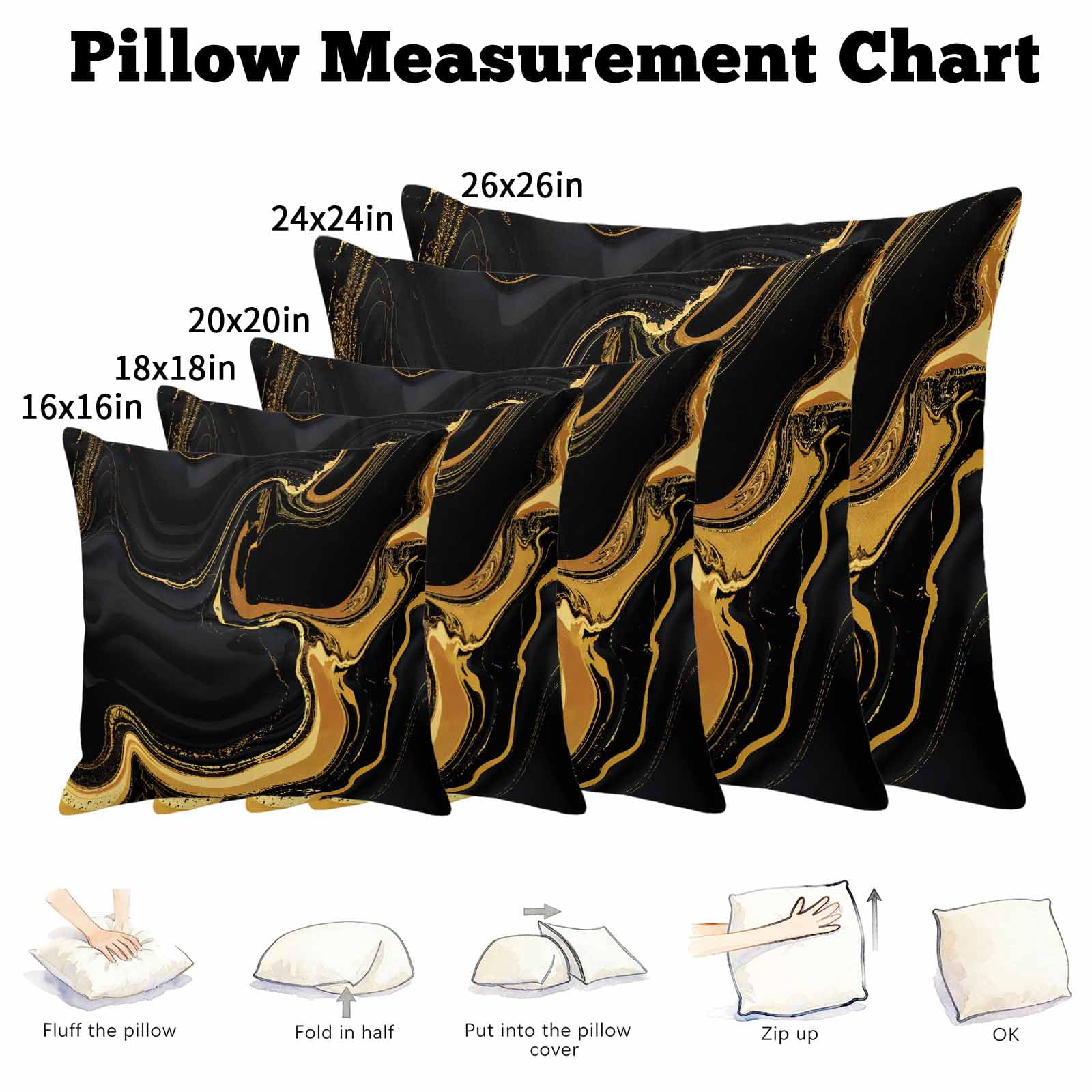 Pillow Covers 26x26 Inch, Marble Black Linen Pillowcase with Invisible Zipper, Vintage Gold Art Abstract Farmhouse Decorative Throw Pillow Covers Cushion Case for Couch Sofa Bed Living Room