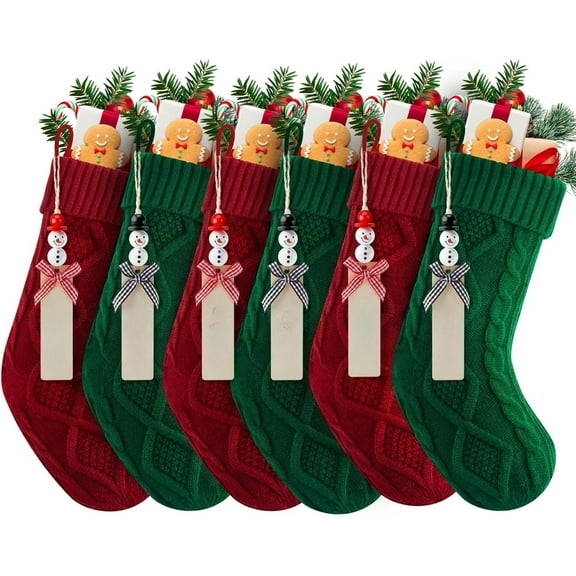 Personalized Christmas Stockings - 18 Inches Hanging Stockings with DIY Snowman Name Tags, 6 Pack Large Size Knitted Stockings for Mantels, Christmas Tree Family Holiday Decor, Red Green White