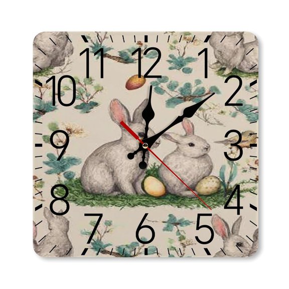 RKSupls 10×10inch Square Silent Wall Clock Wooden Frame, Easter Bunny Egg Scale Decorative Clock for Home Bedroom Living Room Office