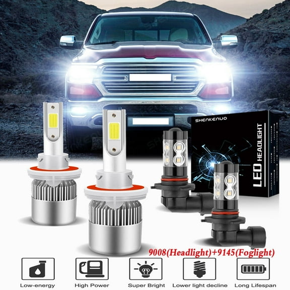 For 11-12 Ram 1500 LED Headlight Bulbs 9008 9145 High and Low Beam 9145 Fog Light 4pc
