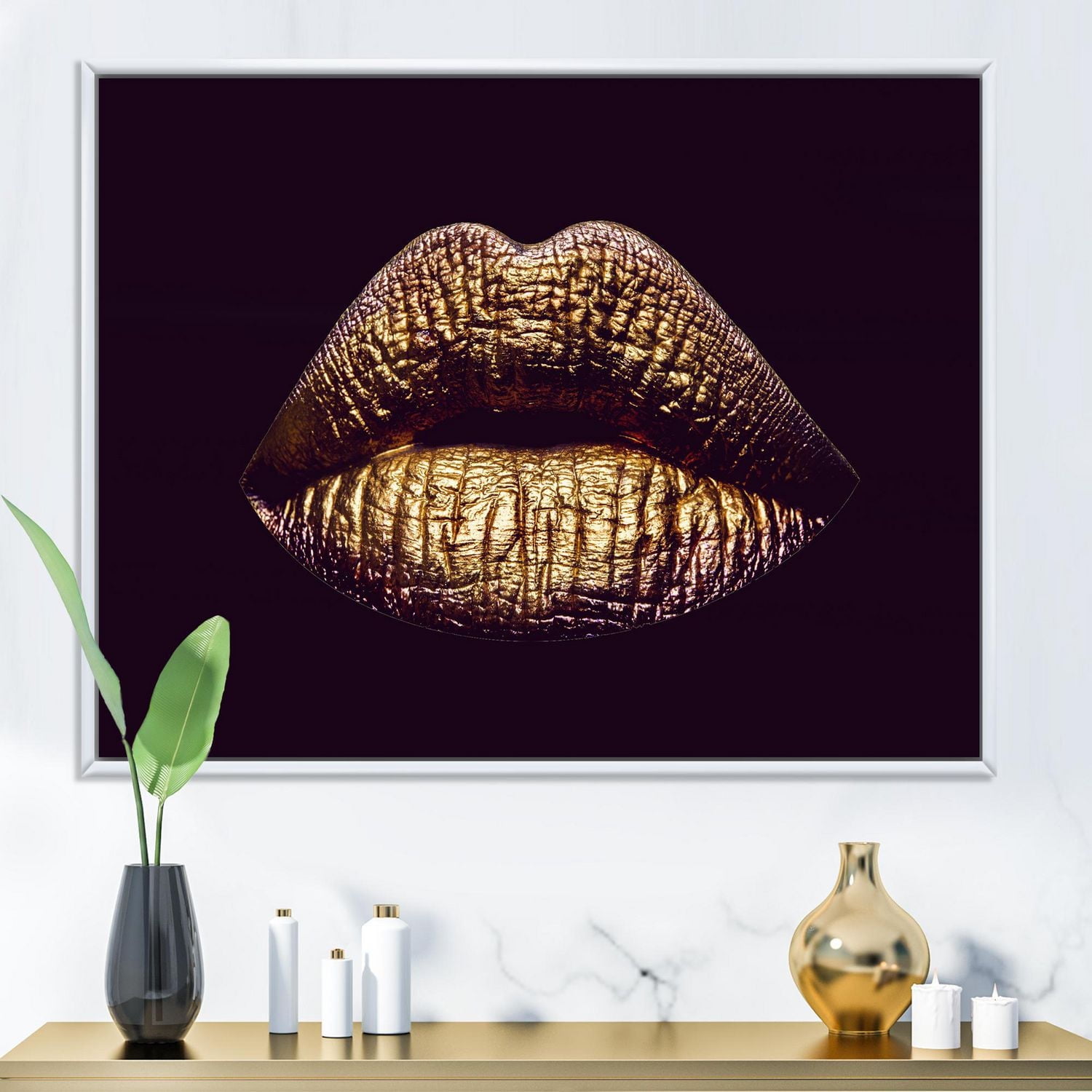 Designart Sexy Golden Metallized Female Lips II FLOAT FRAME WALL ART