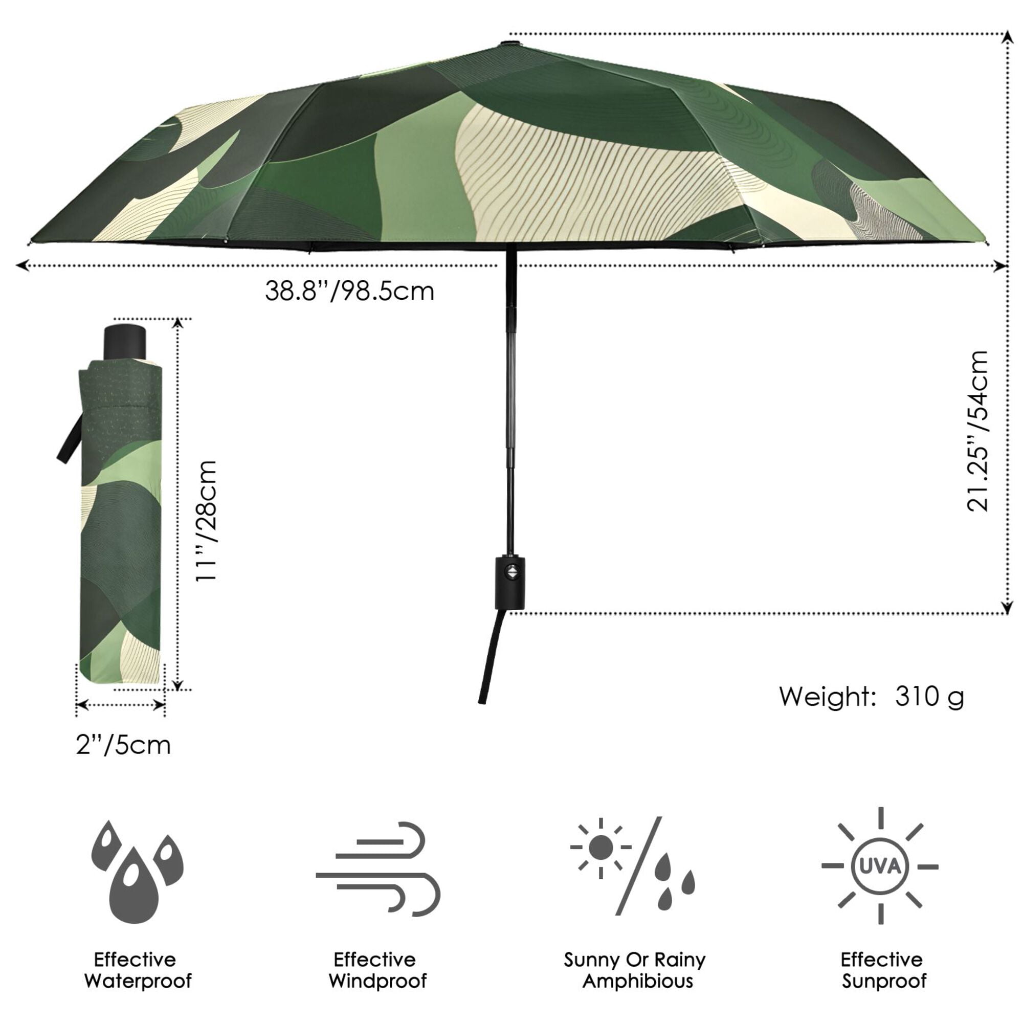 FORMRS Travel Umbrella Folding Auto Open Close Windproof Rain UV Protection, Black Abstract