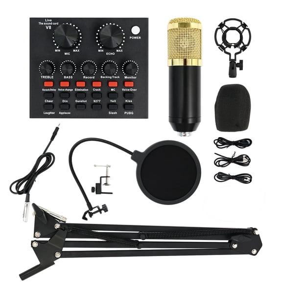 BM-800 Professional Condenser Microphone Kit with V8 Sound Card & Voice Changer - Complete Podcast Bundle with Headphones, Shock Mount, Pop Filter - for Streaming, YouTube, Home Studio Recording