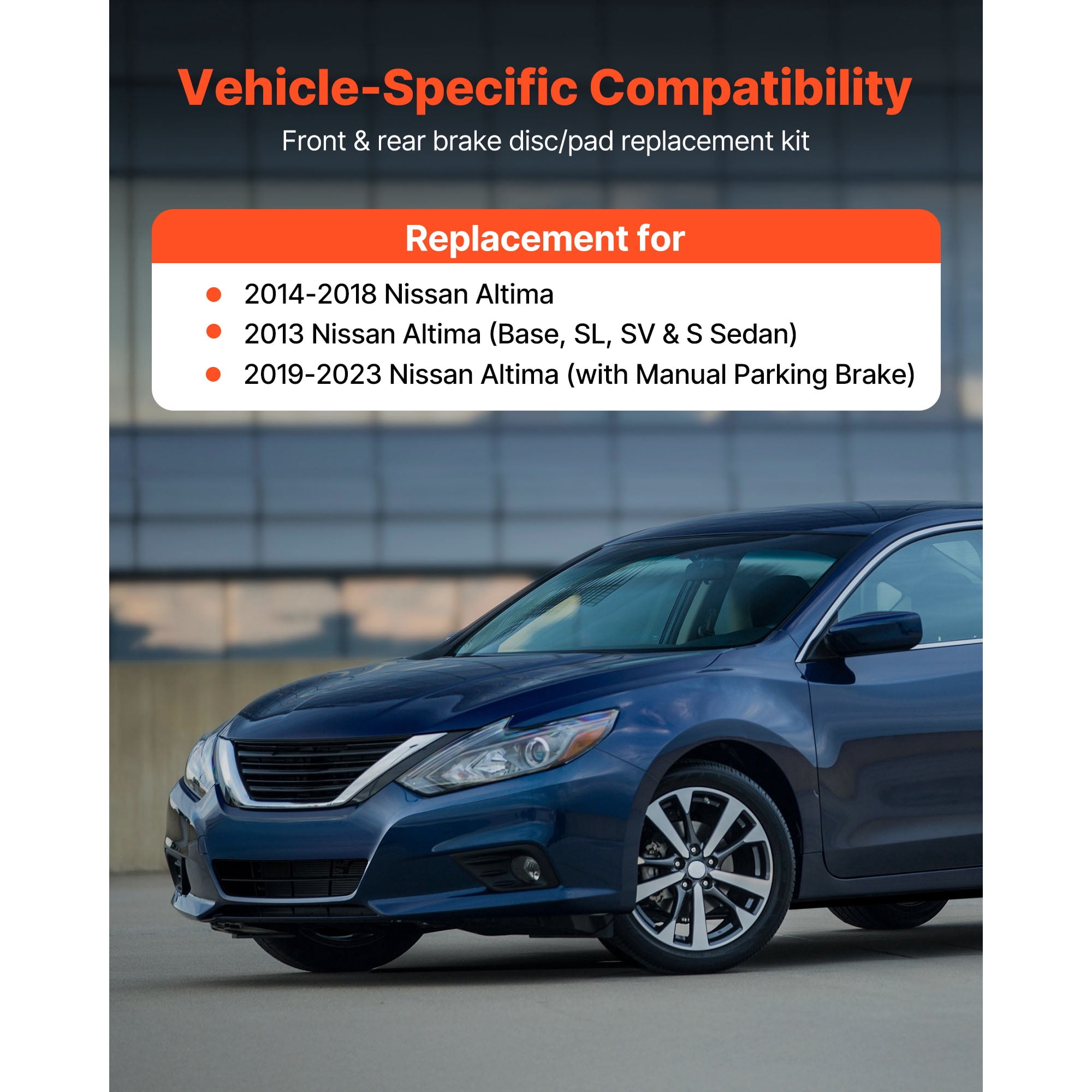 KFFKFF Front and Rear Brake Kit Compatible with 2013 Nissan Altima (Base, SL, SV & S Sedan), 2014-2018 Nissan Altima, 2019-2023 Nissan Altima (with Manual Parking Brake), Ventilated Front Rotors