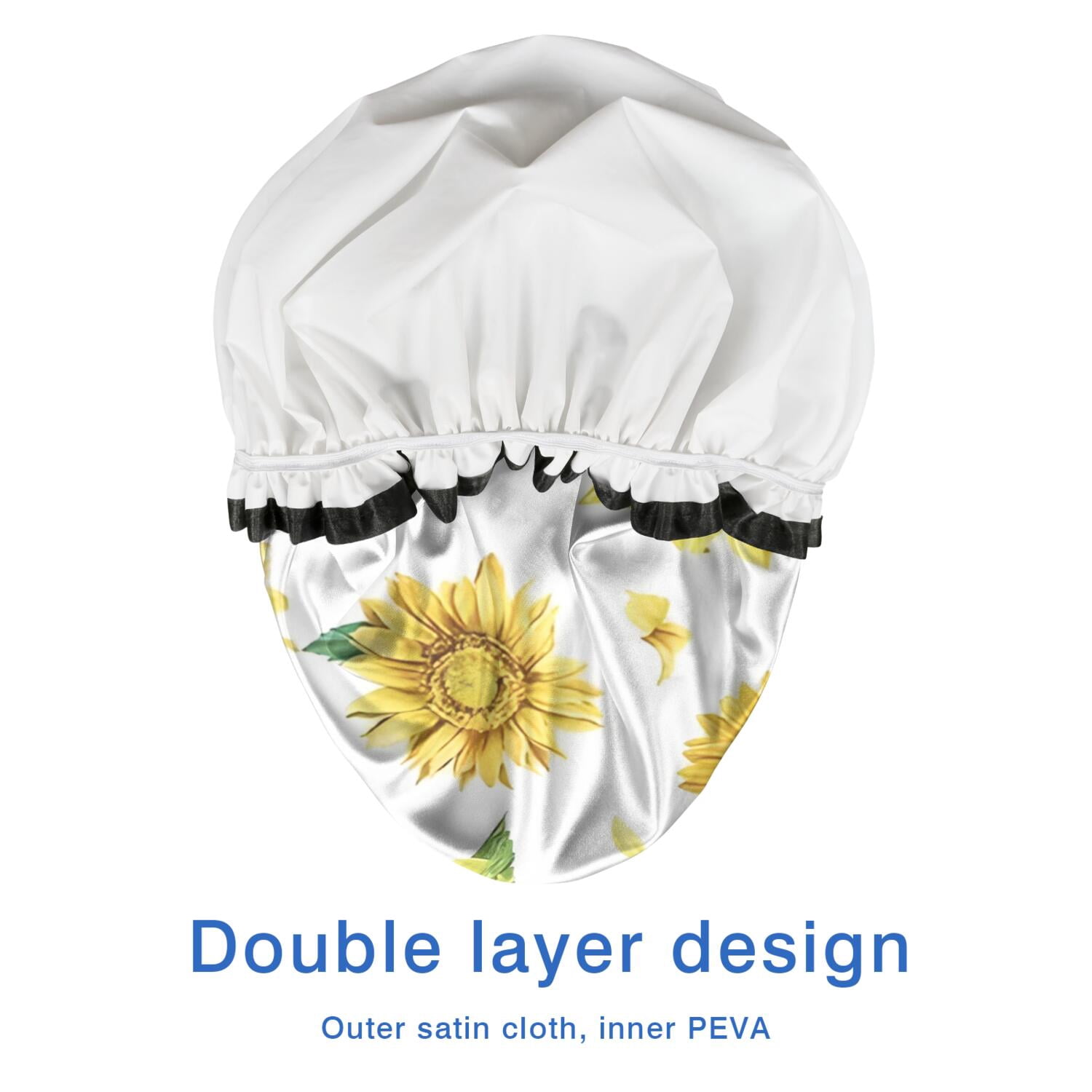 Shower Caps,White Sunflower Petal Pattern Waterproof Shower Cap for Women 4 Pieces,Double Reusable Hair Cover for Shower PEVA Elastic Stretch Hem