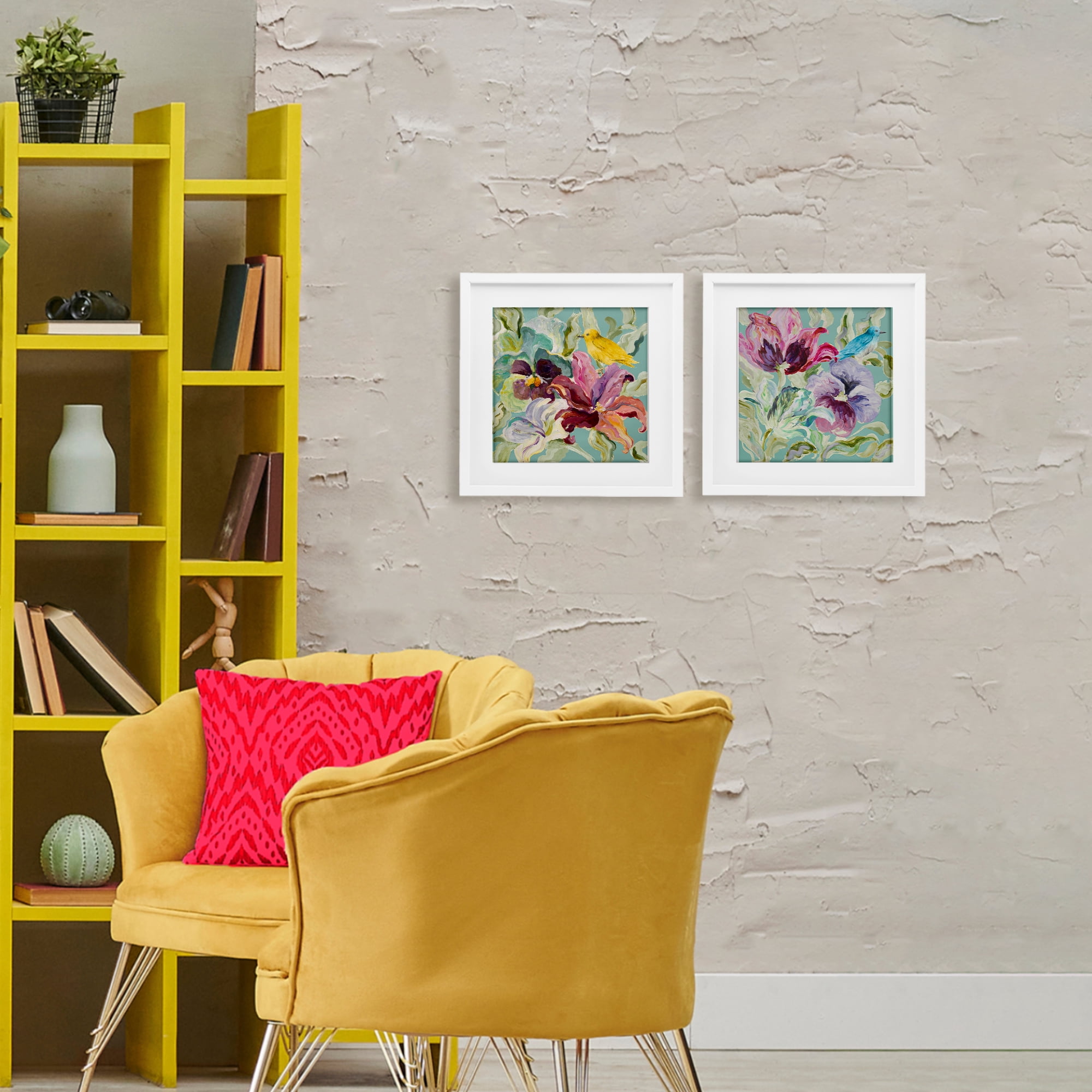 Stupell Industries Lyrical Garden Canaries 2 Piece White Framed Print Under Glass Set, design by Lanie Loreth
