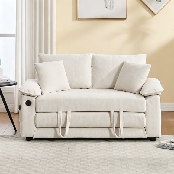 Peispie 58" 3-in-1 Convertible Futon Sofa Bed, Modern Chenille Pull Out Sleeper Couch Loveseat with USB & Type-C Charging Ports, Foldable Daybed with Side Pockets for Living Room Apartment, Beige