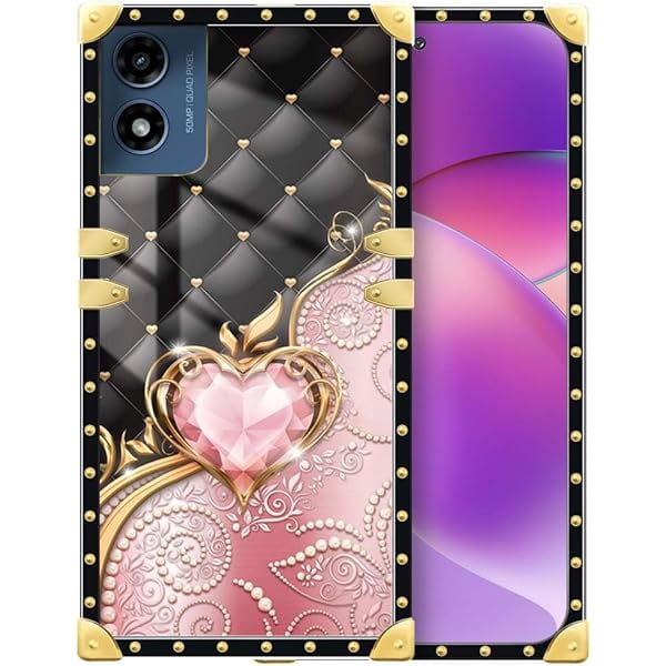 wonima11 Compatible with Motorola Moto G 5G 2024 Case, J Pink Diamonds Golden Hearts Luxury Elegant Soft TPU Shockproof Protective Metal Decoration Corner Back Cover Case