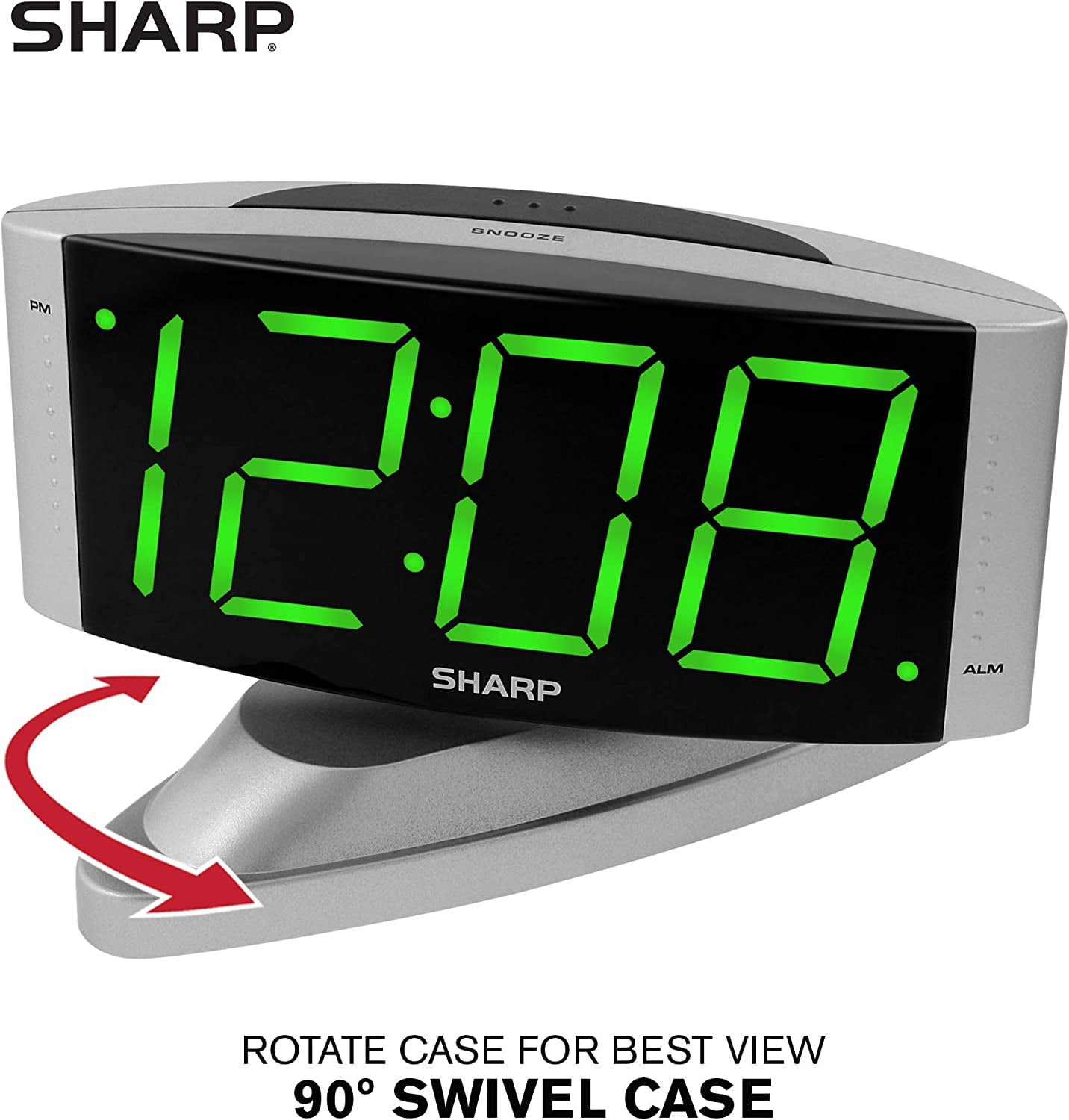 Home LED Digital Alarm Clock – Swivel Base - Outlet Powered, Simple Operation, Alarm, Snooze, Brightness Dimmer, Big Green Digit Display, Silver Case