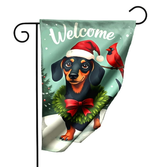 Christmas Garden Flag with Dachshund Santa Hat and Cardinal Double Sided Polyester Outdoor Decorative Yard Banner for Holiday Welcome 12.5 x 18 Inch#22681